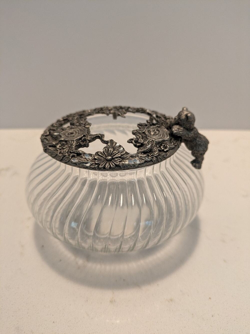 Vintage 1992 Rawcliffe Pewter Flowers Baby Bear Lidded Potpourrie Dish Decor
